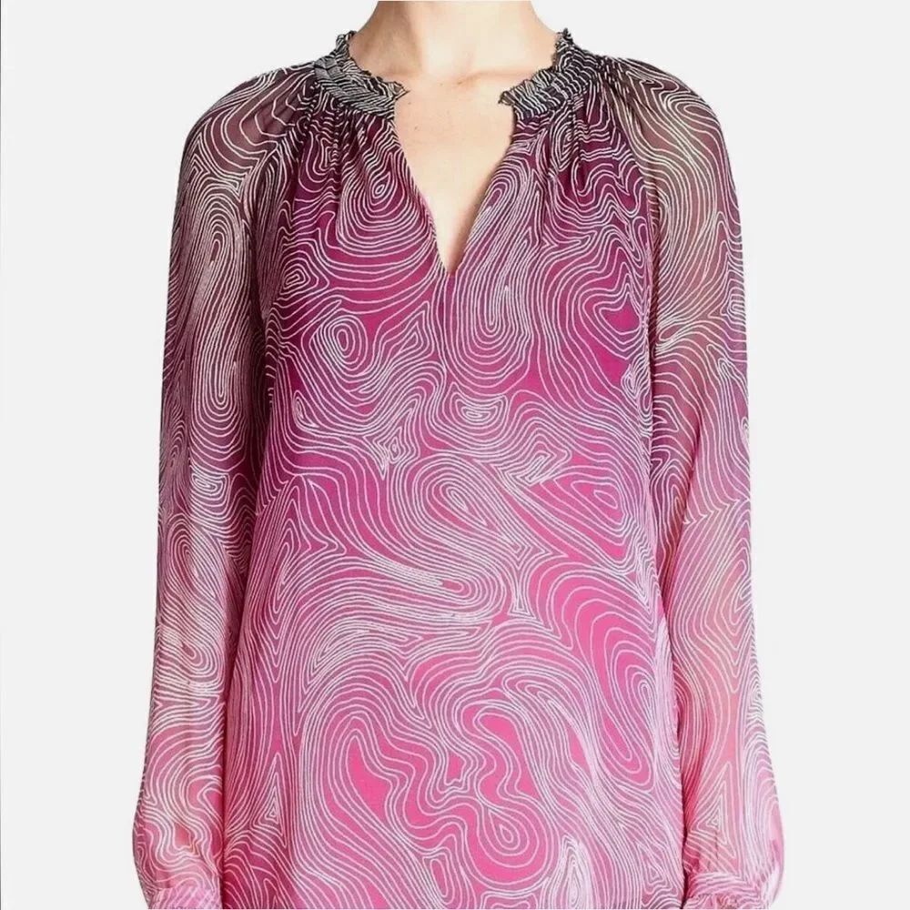 Diane Von Furstenberg Silk Pink Leysa Ombre Swirl Long Sleeve Blouse Size 12